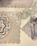 Delik İşi Kabartma Nakışlı Keten Amerikan Servis & Peçete Seti - 2'li sofra üzerinde kullanımı